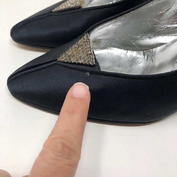 Vintage YSL Yves Saint Laurent Pumps Heels Womens 8 Black Satin Rhinestone - Picture 6 of 15